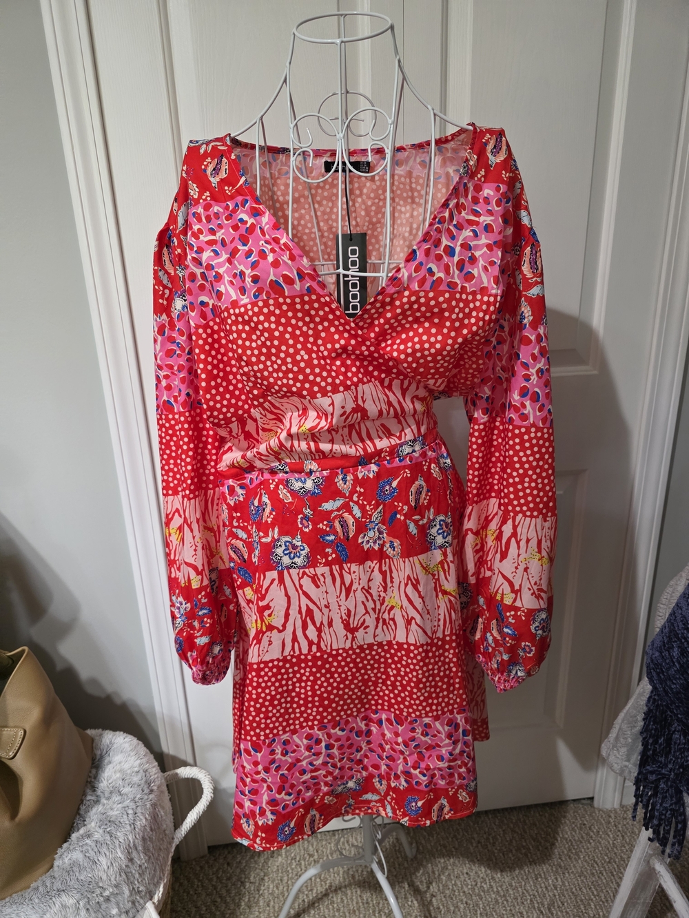 Boohoo Red Mixed Print Wrap  V-Neck Dress